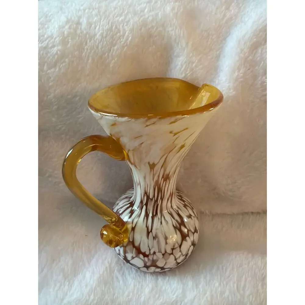 Vintage Amber White Spatter Cased Art Glass Pitcher Vase Applied Handle 5